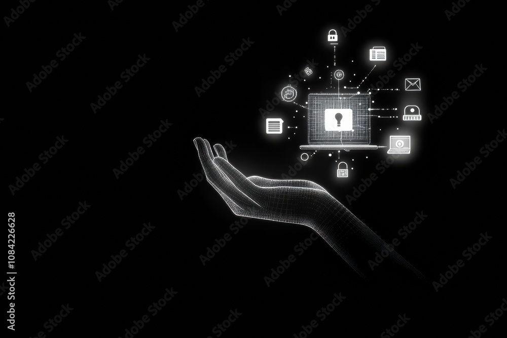 Fototapete a hand reaches toward a computer displaying various icons related to settings, security, and data ma