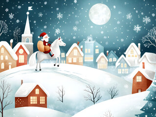 Naklejka premium Sinterklaas dutch Santa on white horse on snow rooftops at night in Amsterdam. Greeting card for Netherlands holiday. Celebration concept for children party in Saint Nicolas day five december.
