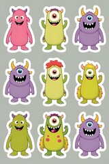 Fototapeta premium Adorable Collection of Nine Playful Cartoon Monsters: A Delightful Set of Colorful and Cheerful Monster Stickers, Perfect for Kids' Crafts, Party Decorations, or Scrapbooking Projects