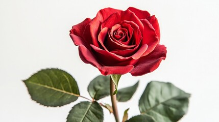 Close-up of a beautifully bloomed red rose with a short stem and several green leaves, against a white background. 