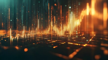 Fototapeta premium futuristic, cinematic scene featuring a glowing financial chart with golden lines and bars representing market trends and economic growth. Concept for stock investments, and financial analysis, forex
