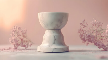 Fototapeta premium A White Marble Cup with a Wide Base Rests on a Pale Pink Surface, Delicate Pink Flowers Scattered Around it