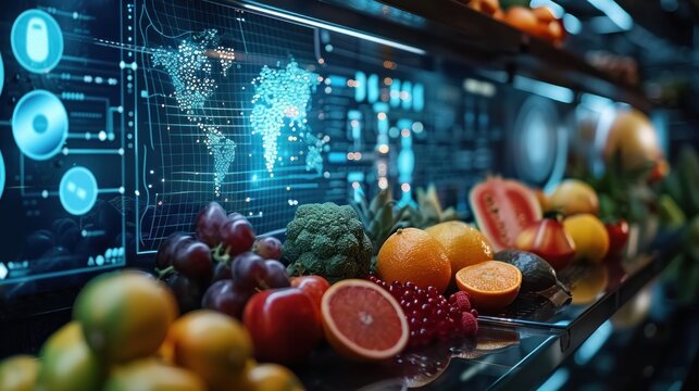 Fresh fruits and vegetables displayed in front of a digital screen with a world map and data visualizations.