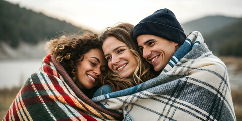 Fototapeta premium Close up portrait of friends sharing a blanket outdoors copy space on side. concept as A detailed portrait capturing friends wrapped in a blanket outdoors symbolizing warmth and companionship during g