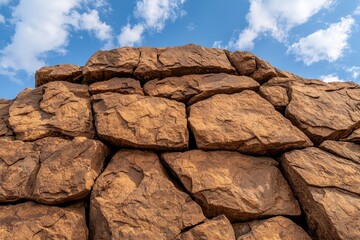 A close-up of a textured stone wall, featuring rugged, large rocks against a bright blue sky with scattered clouds.