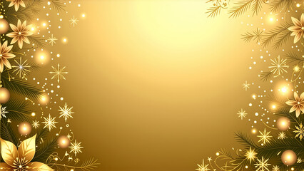 A deep golden background with intricate floral patterns on the top corners, subtle snowflakes around the edges, leaving a clean center for text, HD, elegant.