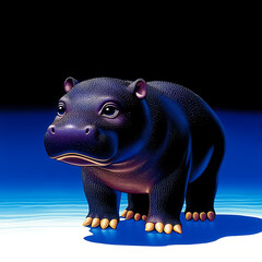 cute brown baby pygmy hippo stands on serene blue background, showcasing its unique features and playful demeanor. This charming creature captures attention with its round body and expressive eyes