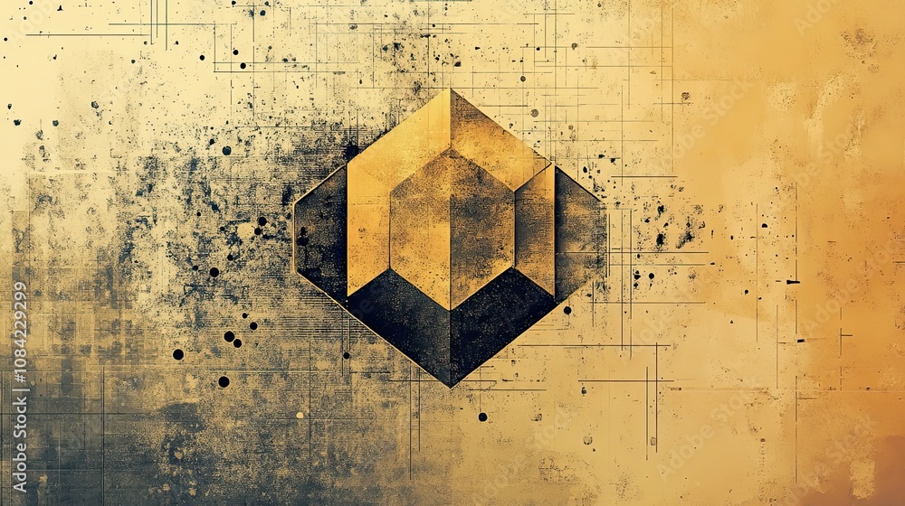 Poster geometric shape with grunge texture and grid lines