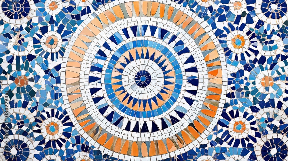 Poster abstract circular mosaic pattern in blues and oranges