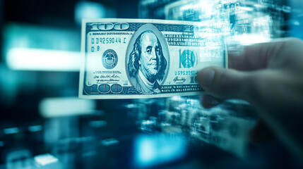 Fototapeta premium A close-up of a hand holding a hundred-dollar bill against a backdrop of blurred digital screens, symbolizing finance and technology.