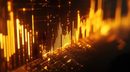 Obraz premium futuristic, cinematic scene featuring a glowing financial chart with golden lines and bars representing market trends and economic growth. Concept for stock investments, and financial analysis, forex