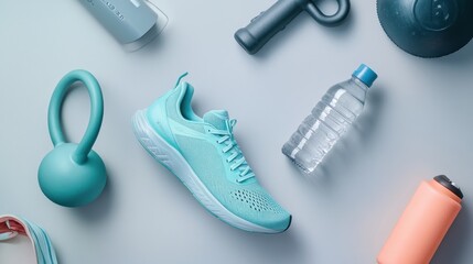 Aqua-Colored Sneakers, Kettlebell, Water Bottles, and Exercise Equipment