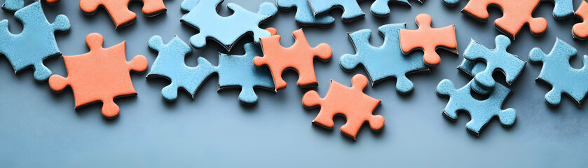 Fototapeta premium Plain background with close up of puzzle pieces being connected copy space on right. concept as Plain background featuring a close up of puzzle pieces being connected emphasizing attention to detail a