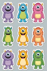 Obraz premium Adorable Collection of Nine One-Eyed Monsters: Colorful Cartoon Characters with Playful Expressions, Perfect for Kids' Stickers, Prints, or Digital Designs