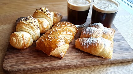 Trendy cafe featuring nitro cold brews and a unique selection of pastries on stylish wooden trays