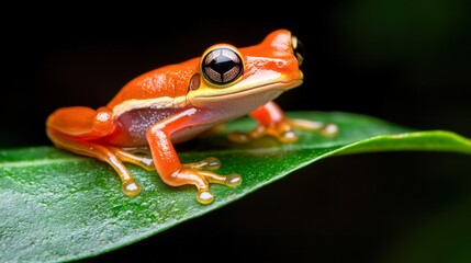 Obraz premium A vibrant orange frog perched on a lush green leaf, showcasing detailed features against a blurred dark background, Perfect for nature-related projects, educational materials