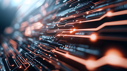 A close-up view of a circuit board with intricate patterns, glowing traces, and a futuristic, technological aesthetic.