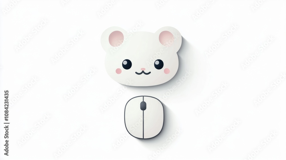 Poster A playful bear-shaped mouse rests beside a simple keyboard icon on a minimalistic white background, enhancing workspace charm. Generative AI