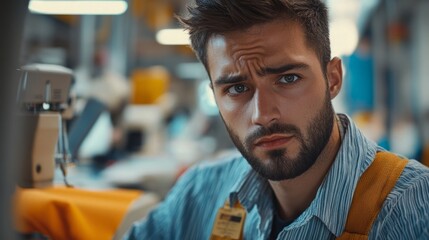 Fototapeta premium Close-up of a male fashion designer looking worried while working in a textile factory. 
