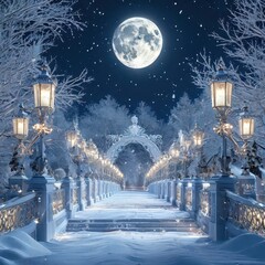 Magical winter landscape with snow and huge moon