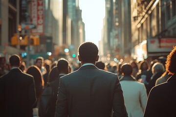 Fototapeta premium Man Walks into the Sun in City Crowd with Shallow Depth of Field