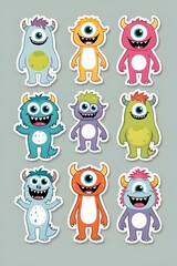 Fototapeta premium Nine Adorable One-Eyed Monsters: A Collection of Playful Cartoon Characters for Kids, Featuring Vibrant Colors and Happy Expressions, Perfect for Children's Books, Stickers, or Educational Materials