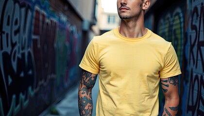 yellow T-shirt standing in an urban alleyway with graffiti-covered walls. The man has tattoos on both arms, which are visible beneath the short sleeves of his shirt. The background is slightly blurred