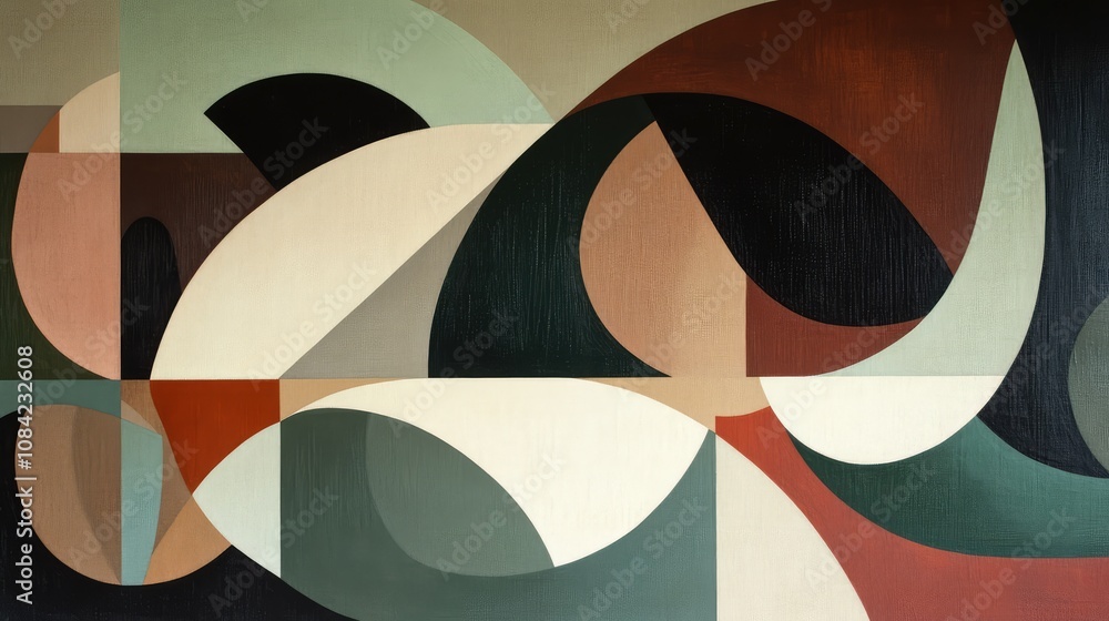 Poster geometric, irregular shapes in muted colors scattered with ample negative space.
