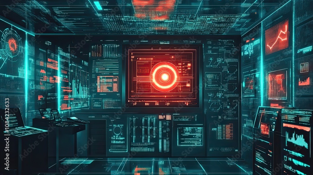 Poster a futuristic room filled with glowing screens displaying data and code