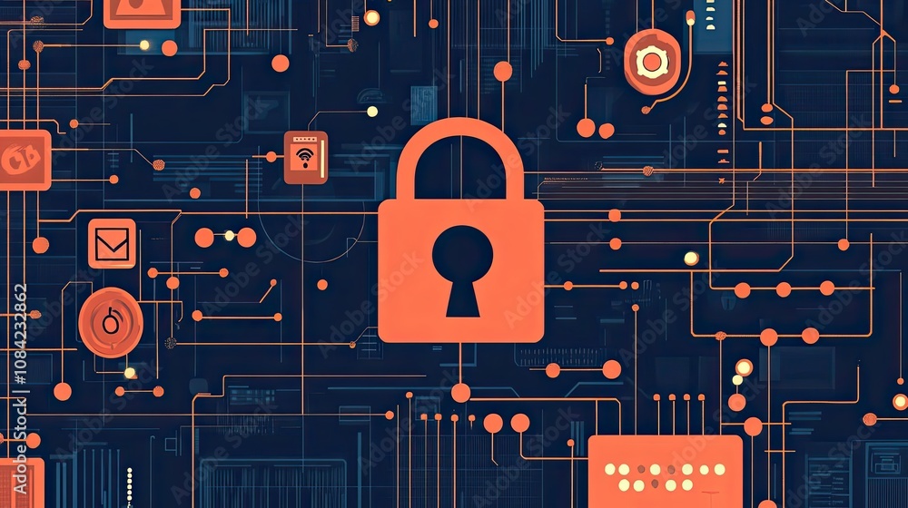 Poster a large orange lock surrounded by abstract circuitry and symbols