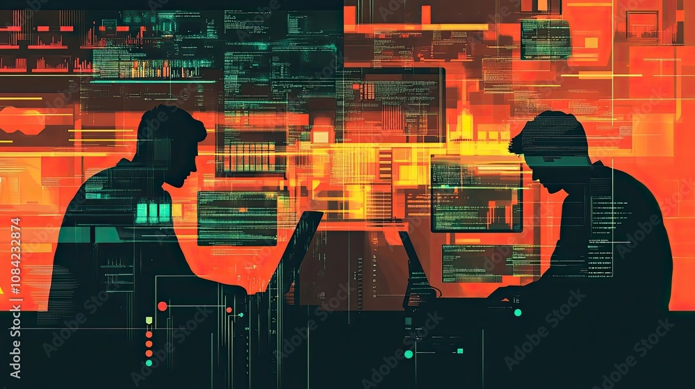 Aufkleber two silhouettes working on laptops surrounded by code and data