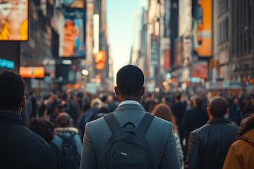 Fototapeta premium Man with Backpack Walking Through City Crowd