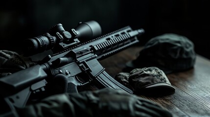 Obraz premium Close-up of a sleek, modern automatic rifle with a telescopic sight, set against a dark, moody backdrop. 