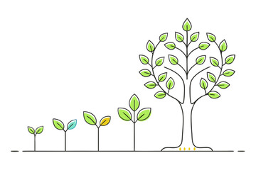Obraz premium Journey of a Tree, Line Drawing from Birth to Growth - Vector Illustration