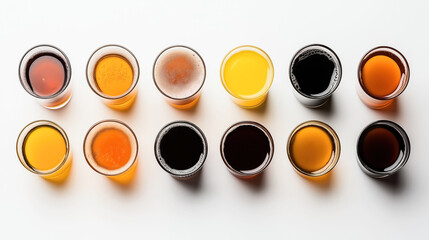 A variety of twelve different colored beer samples in clear glasses arranged in a neat grid pattern on a white background
