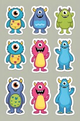 Obraz premium Nine Adorable One-Eyed Cartoon Monsters: A Collection of Playful, Colorful Characters Perfect for Kids' Stickers, Prints, and Designs