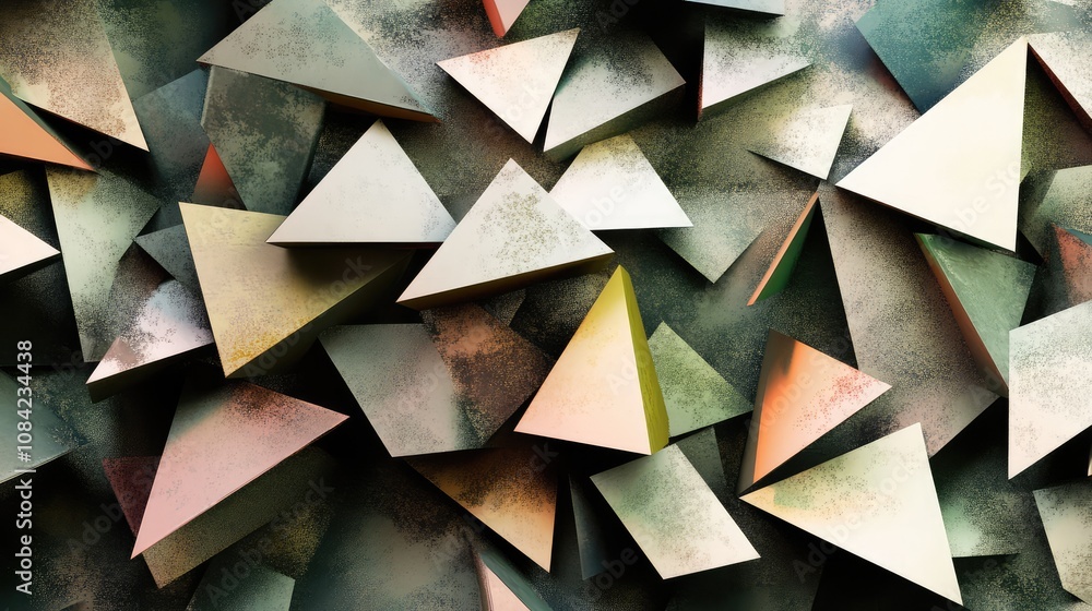Poster geometric shapes with muted colors, placed randomly to form an abstract, minimalistic pattern.