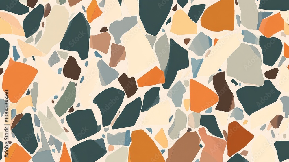 Poster geometric shapes with muted colors, placed randomly to form an abstract, minimalistic pattern.