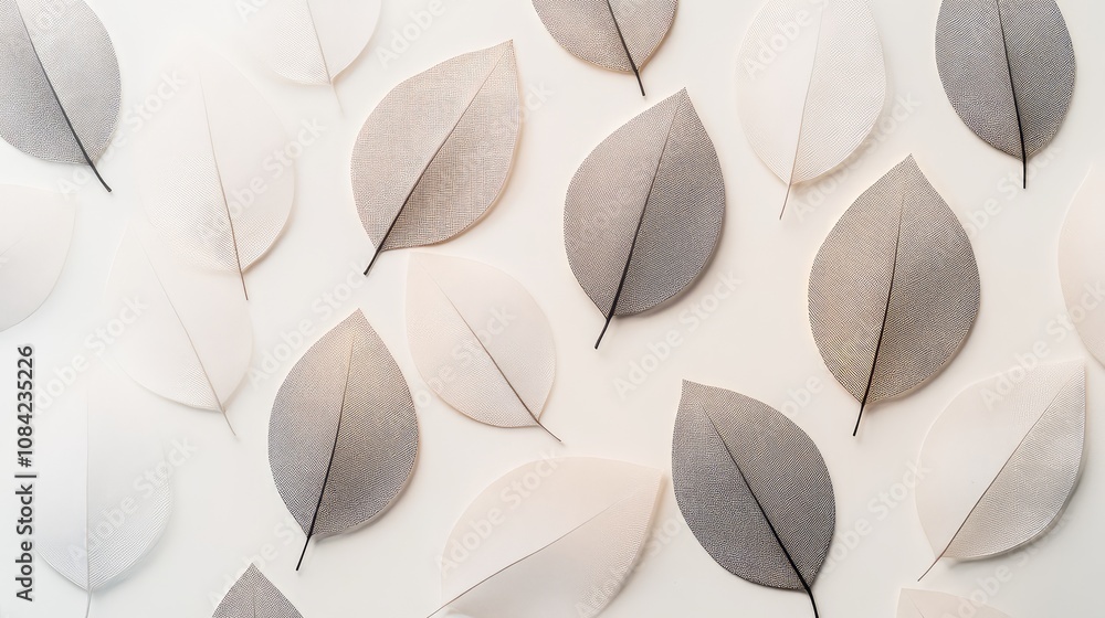 Poster minimal grid of abstract leaf shapes in neutral tones, repeating over a light background.