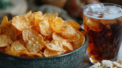 Casual snacking at home, enjoying chips and soda while watching a movie