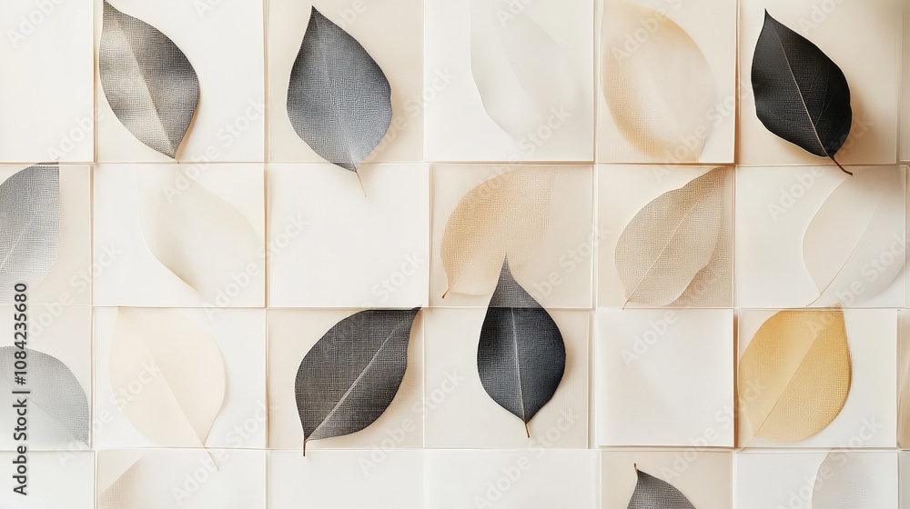 Poster minimal grid of abstract leaf shapes in neutral tones, repeating over a light background.