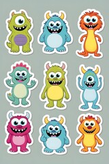 Obraz premium Adorable Collection of Nine Colorful Cartoon Monsters: Playful Designs Perfect for Kids' Stickers, Prints, or Digital Art