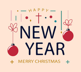 New year and merry christmas postcard with different colorful elements and christmas toys on bright background