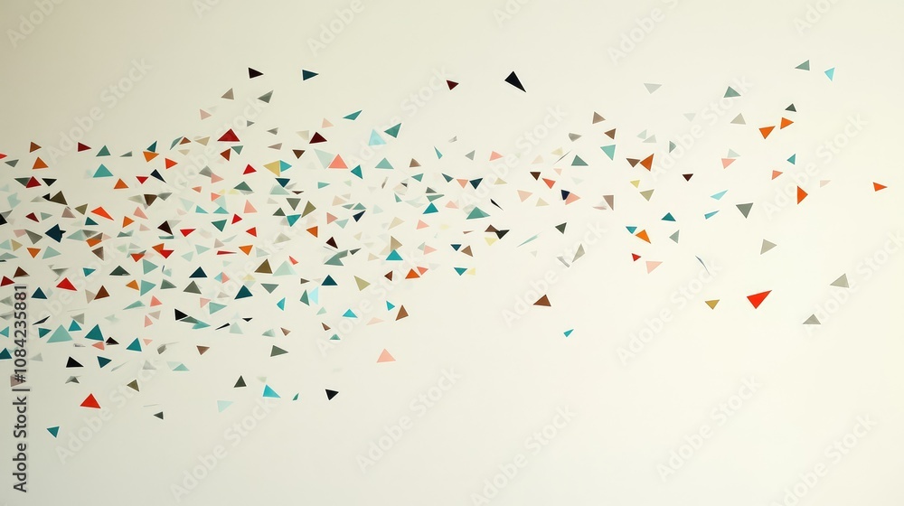 Poster minimalist grid of tiny triangles in muted colors, placed randomly over a pale background.