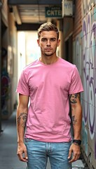 pink T-shirt standing in an urban alleyway with graffiti-covered walls. The man has tattoos on both arms, which are visible beneath the short sleeves of his shirt. The background is slightly blurred