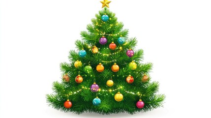 Fototapeta premium A Christmas tree, festive element, flat vector design, bright green with colorful baubles, isolated on white background 
