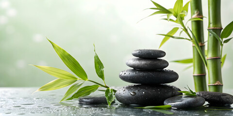 Naklejka premium Glossy background with zen stones and bamboo plants copy space on side. concept as Serene glossy background featuring zen stones and bamboo plants arranged harmoniously symbolizing balance and tranqui