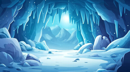 Obraz premium Exploring a frozen cave with icy stalactites and a serene glow in a winter landscape