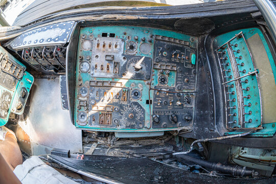 Helicopter cockpit and instrument panel Mi-24 large gunship and attack helicopter at the museum. Soviet military helicopter Mi-24 at National Museum of Ukraine. Kyiv, Ukraine 10-29-2024