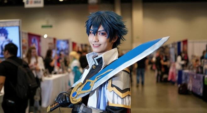 Cosplay enthusiast in futuristic costume at comic convention event